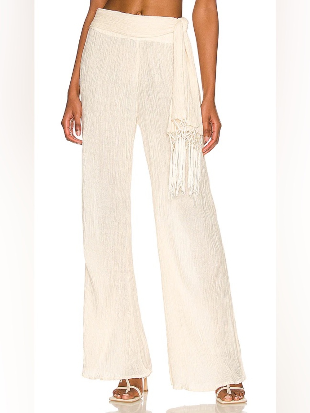 Savannah Morrow The Label Vea Pants Cream Crinkle Wide Leg Fringe Tie Medium